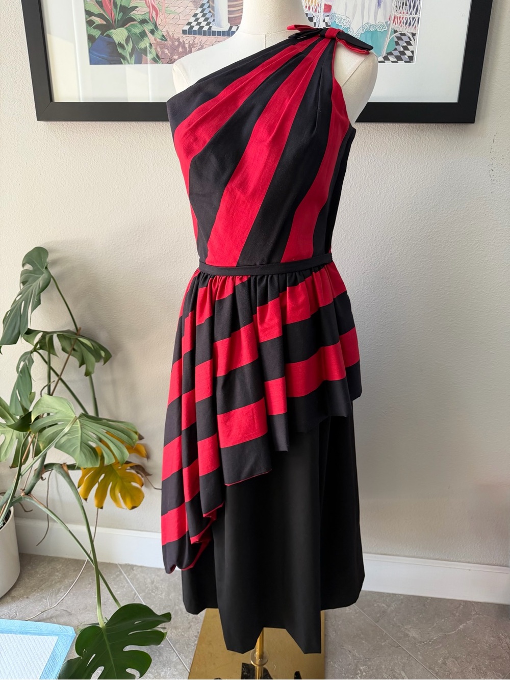 Vintage Victor Costa HTF One Shoulder Black and Red Striped Asymmetrical Dress